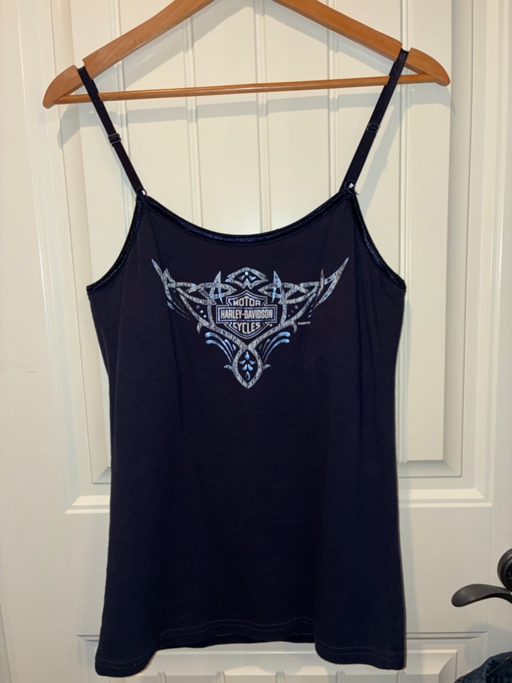 Harley-Davidson XL Women’s Dark Blue Cami  Top Silver Graphic Adjustable Straps - Picture 11 of 15